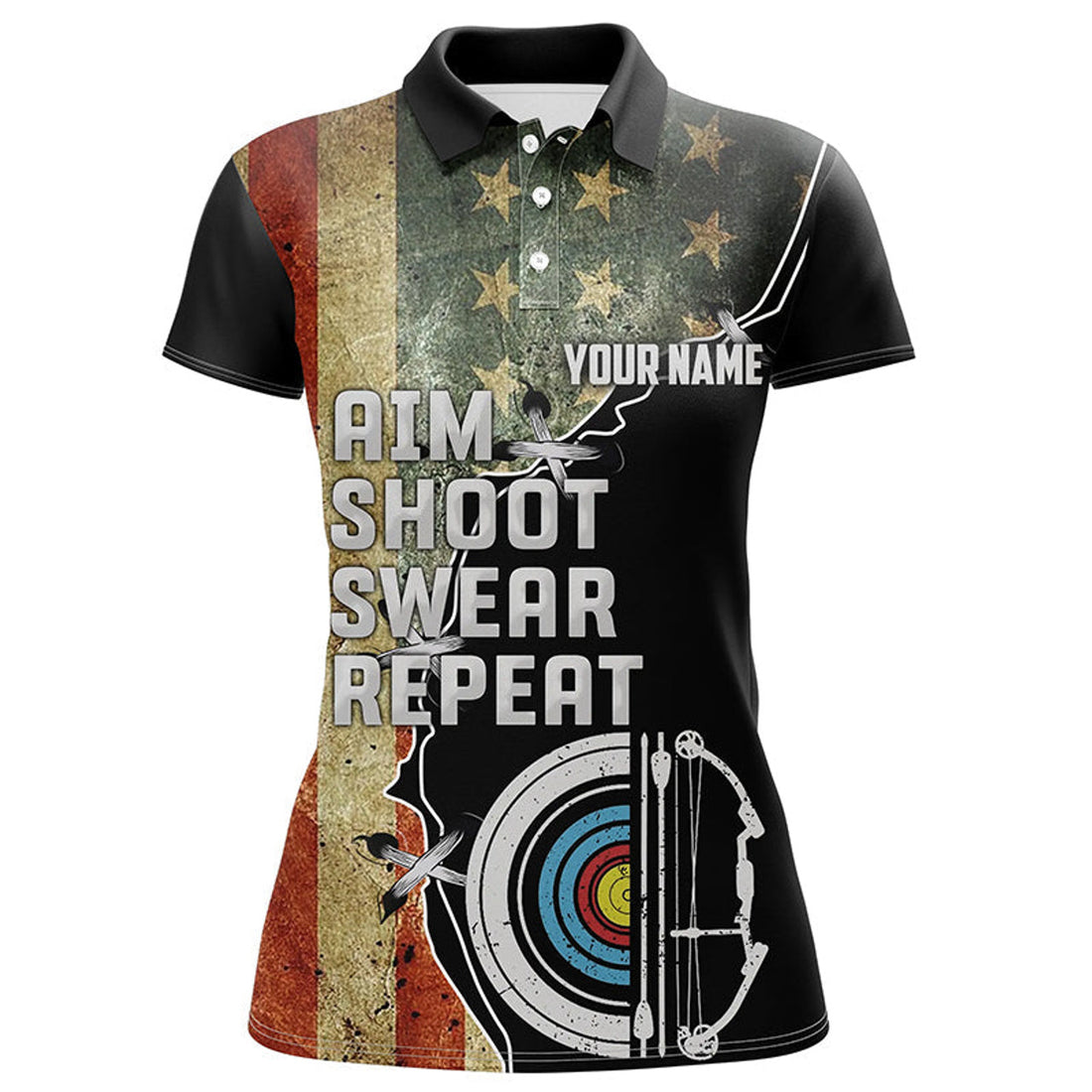 Custom Name Archery USA Flag Aim Shoot Repeat Women's Polo Shirts S-5XL