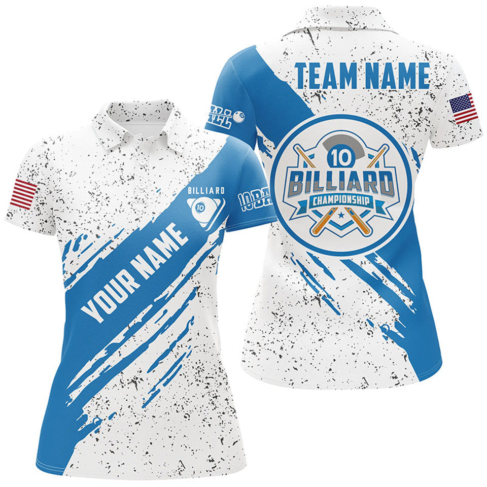 Custom US Flag 10 Ball Billiard Blue Black Grunge Pool Women's Polo Shirts S-5XL