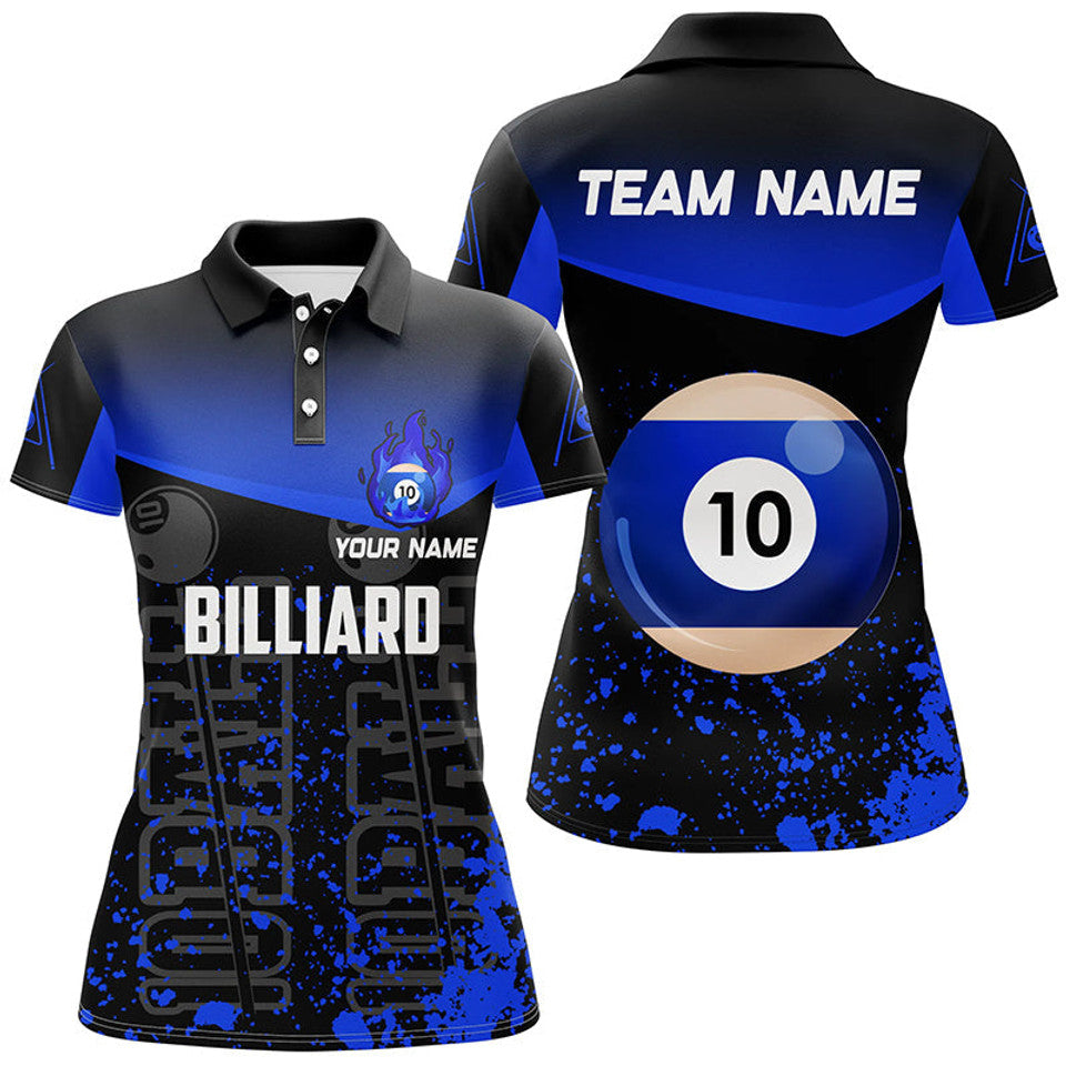 Custom Splash Blue Fire 10 Ball Billiard Pool Team Design Women's Polo Shirts S-5XL