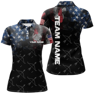 Custom Name Vintage Smoke US Flag Archery Bows Pattern 3D Women's Polo Shirts S-5XL