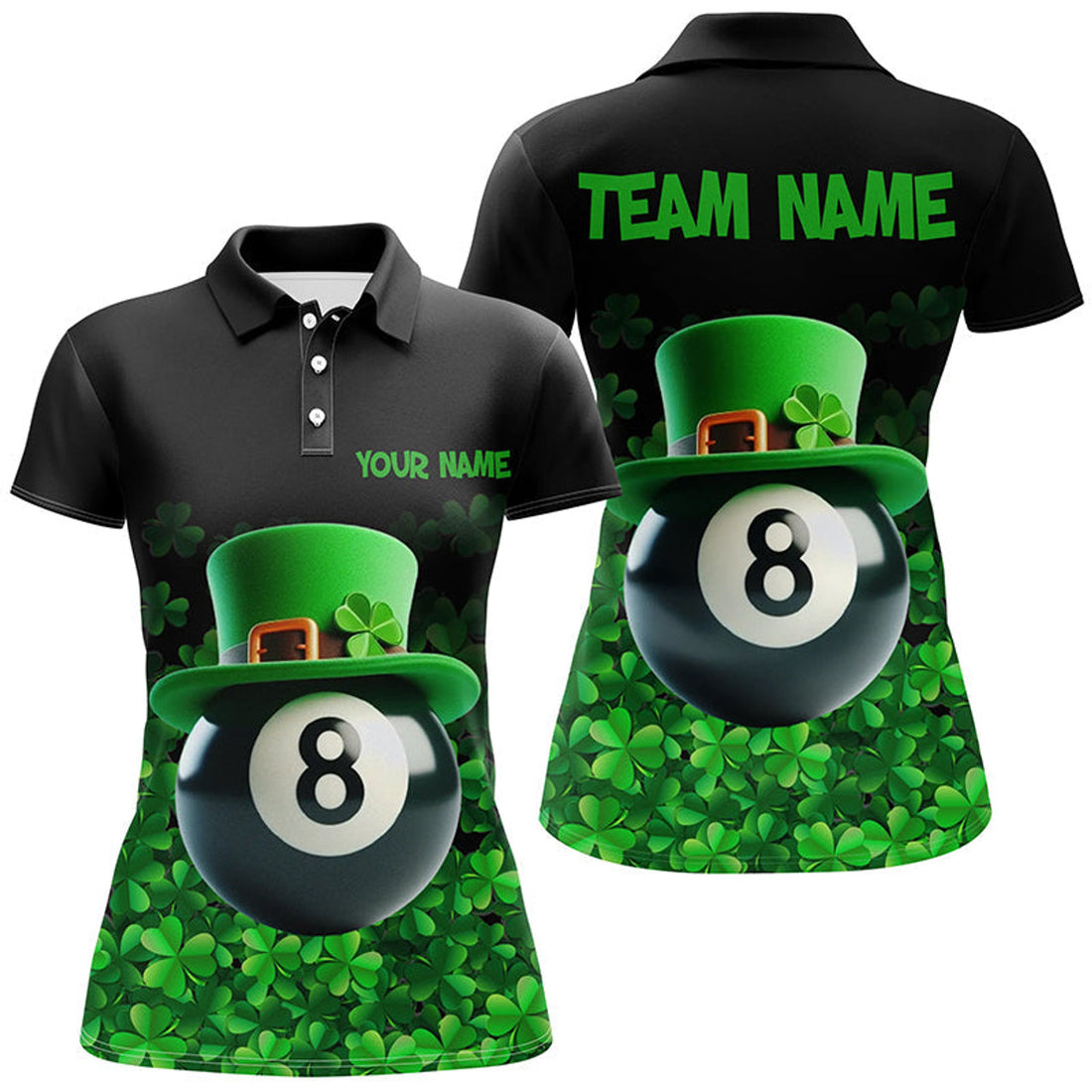 Custom St Patrick's Day 8 Ball Pool Shamrock Team Women's Polo Shirts S-5XL
