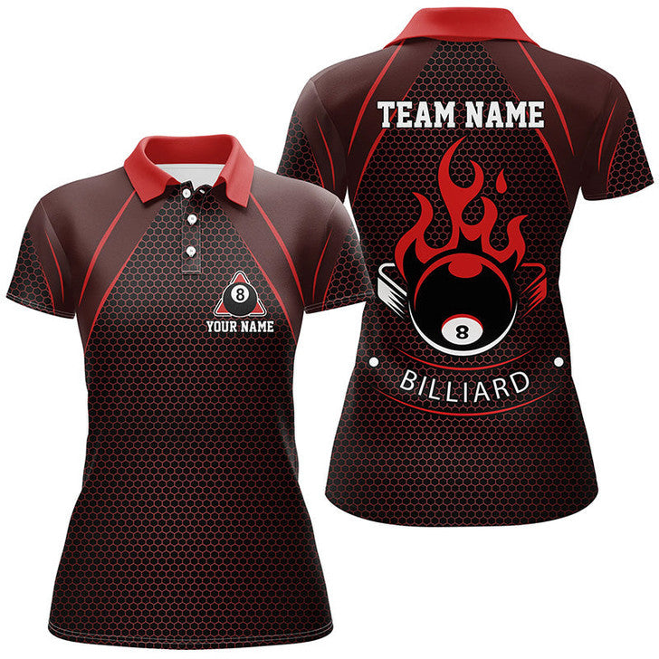 Custom Red Flame 8 Ball Billiard Team Shirts Women's Polo Shirts S-5XL