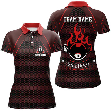 Custom Red Flame 8 Ball Billiard Team Shirts Women's Polo Shirts S-5XL