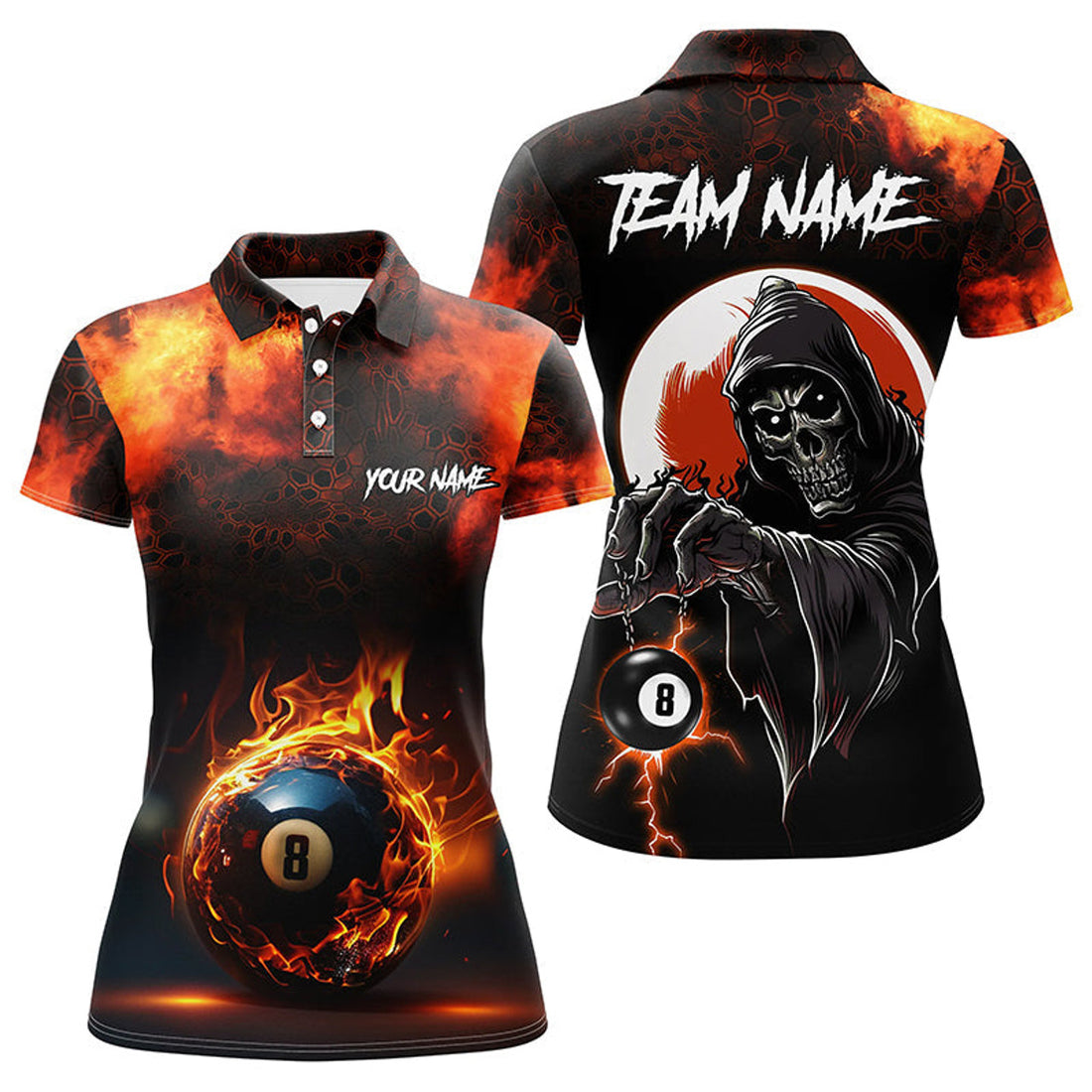 Custom Skull Flame 8 Ball Billiard Team Shirt For Women's Polo Shirts S-5XL