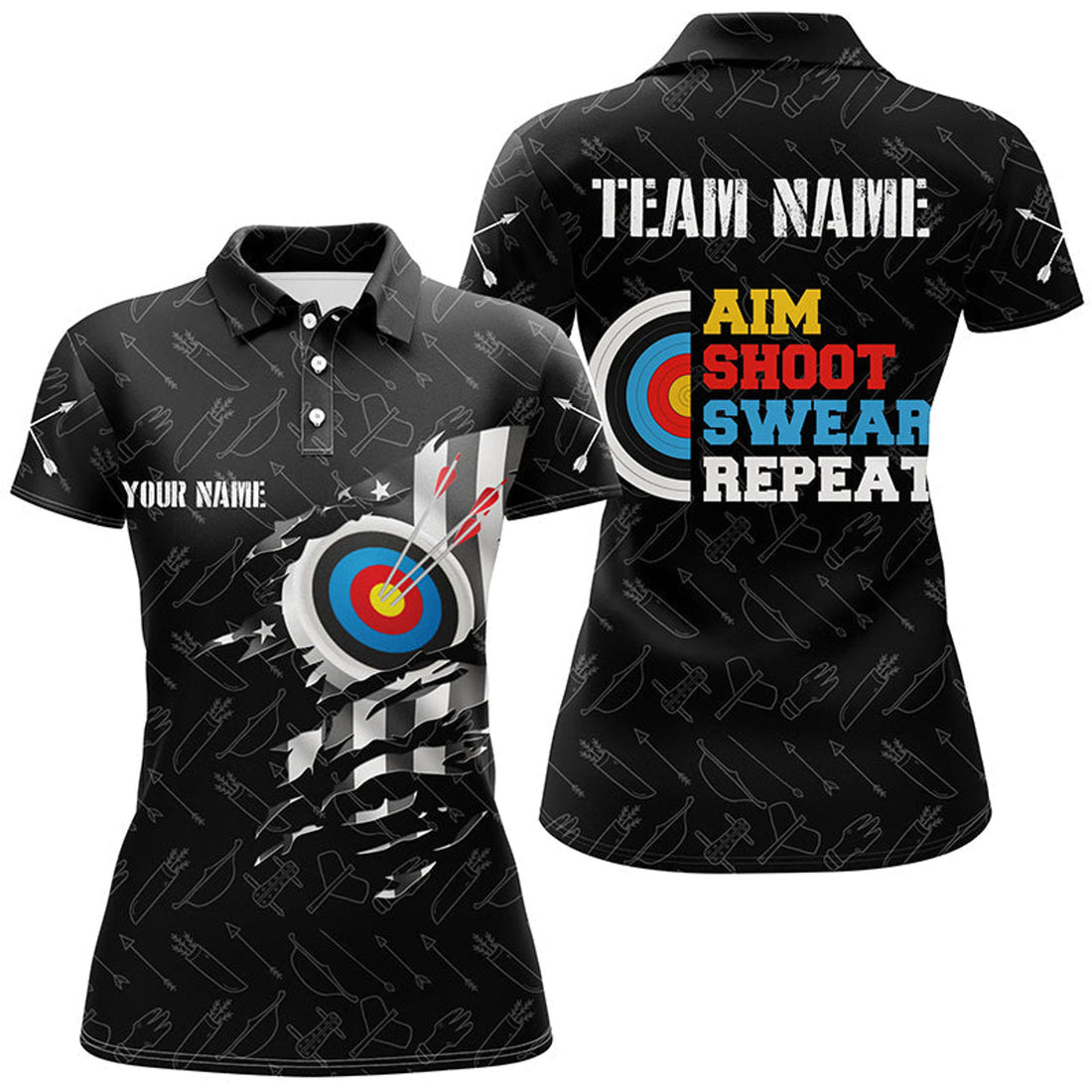 Custom Name US Flag Arrow Archery Aim Shoot Swear Repeat Women's Polo Shirts S-5XL