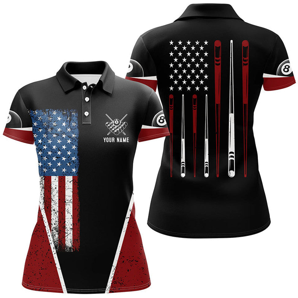 Custom Name US Flag 8 Ball Billiard Polo Women's Polo Shirts S-5XL