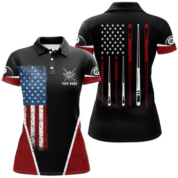 Custom Name US Flag 8 Ball Billiard Polo Women's Polo Shirts S-5XL