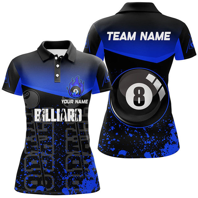 Custom Blue Fire 8 Ball Billiard Team Shirts Personalized Women's Polo Shirts S-5XL