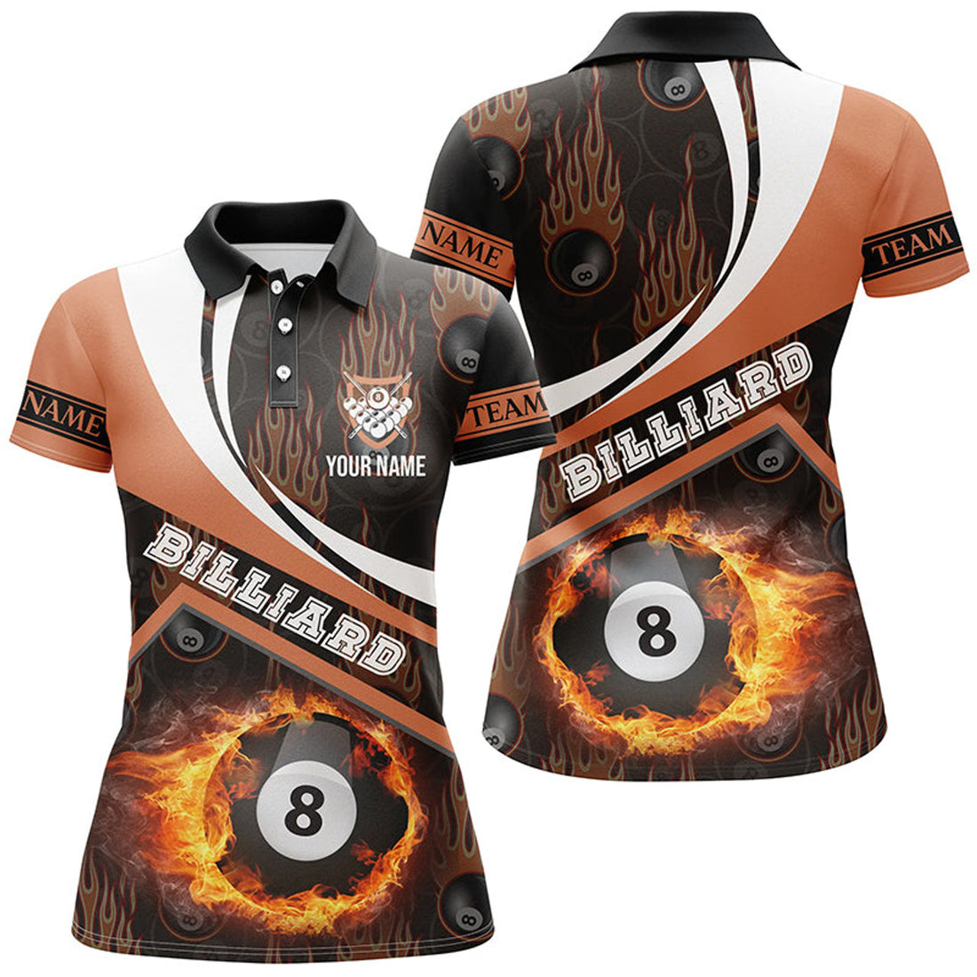 Custom Name Billiard Balls Fire Flame Orange Design Women's Polo Shirts S-5XL