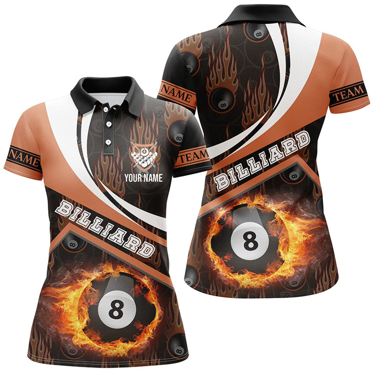 Custom Name Billiard Balls Fire Flame Orange Design Women's Polo Shirts S-5XL
