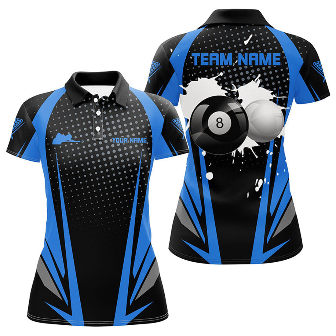 Custom 8 Ball Billiards Black Blue with Paint Design Women's Polo Shirts S-5XL