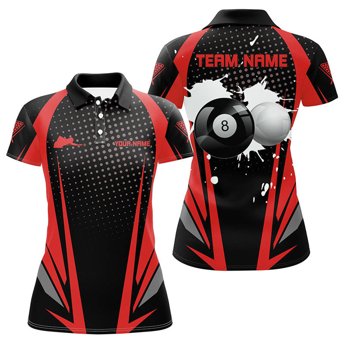 Custom Personalized 3D Billiard Balls Black Red for Women's Polo Shirts S-5XL