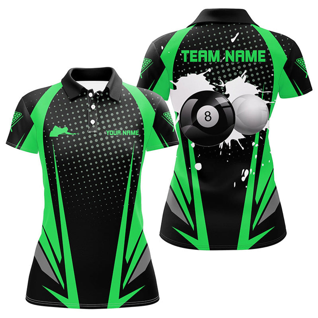 Custom 3D Black Green 8 Ball Billiards Polo Shirts for Women's Polo Shirts S-5XL