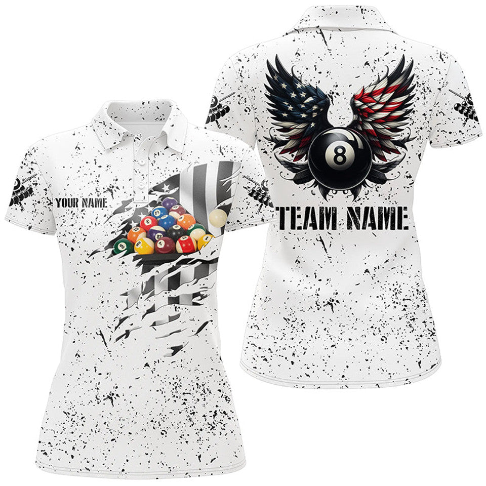 Custom Name US Flag 8 Ball Wings Polo White Women's Polo Shirts S-5XL