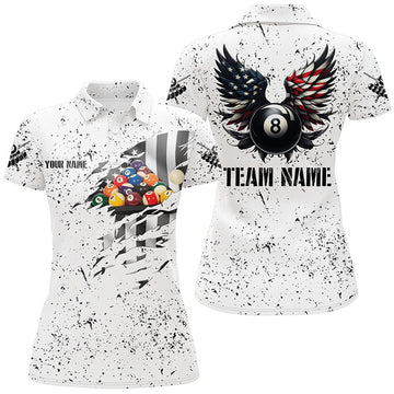 Custom Name US Flag 8 Ball Wings Polo White Women's Polo Shirts S-5XL