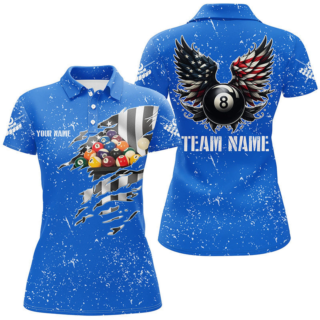 Custom US Flag Billiard Balls 3D Blue 8 Ball Wings Design Women's Polo Shirts S-5XL