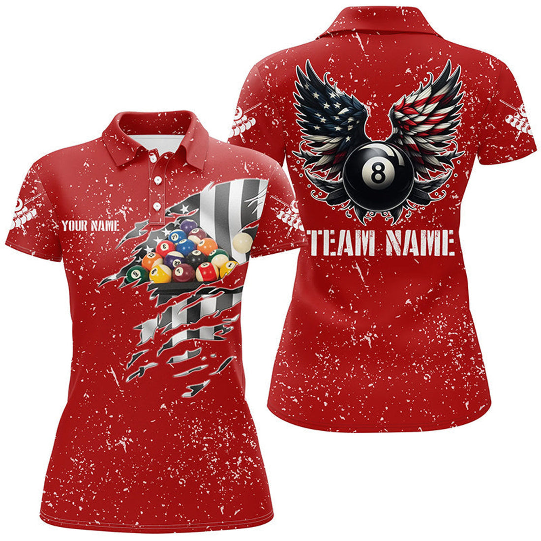 Custom US Flag Billiard Balls For Red 8 Ball Wings Women's Polo Shirts S-5XL