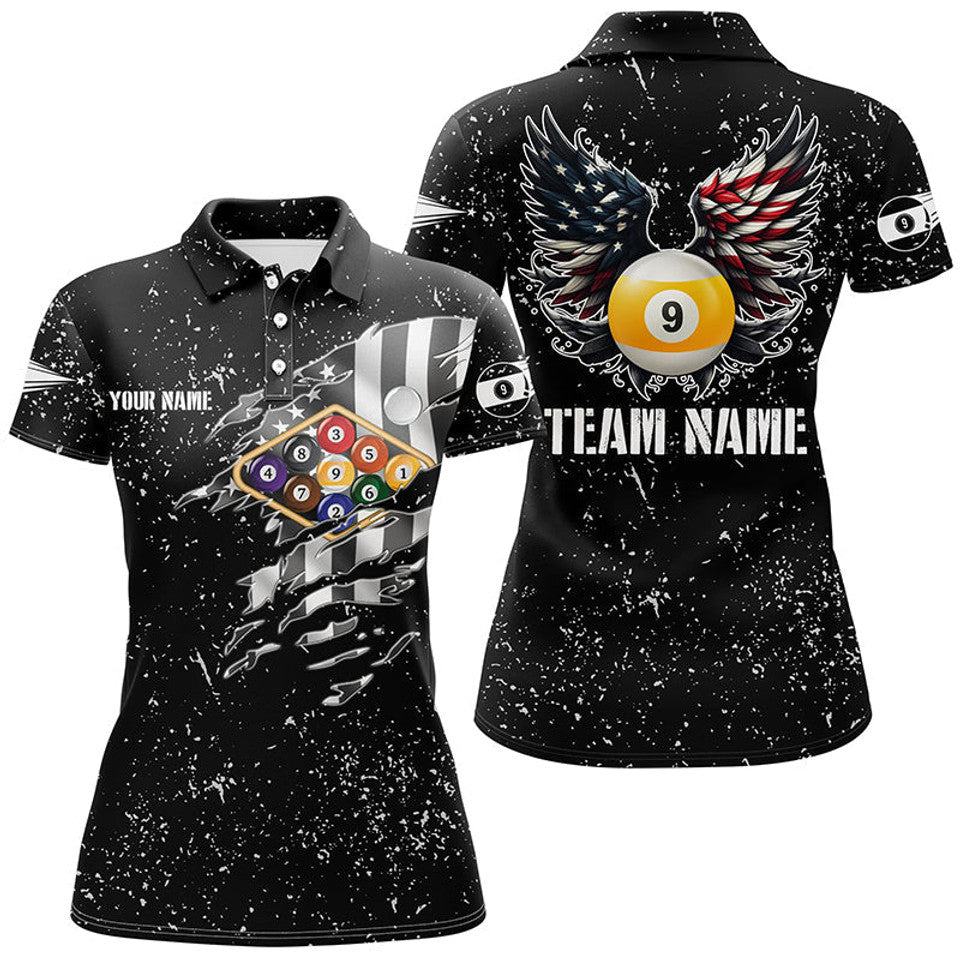 Custom US Flag Billiard Balls 3D Design Funny 9 Ball Wings Women's Polo Shirts S-5XL