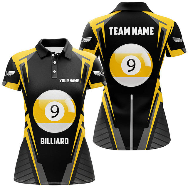 Custom Black Yellow 9 Ball Pool Billiards Team Shirts Women's Polo Shirts S-5XL