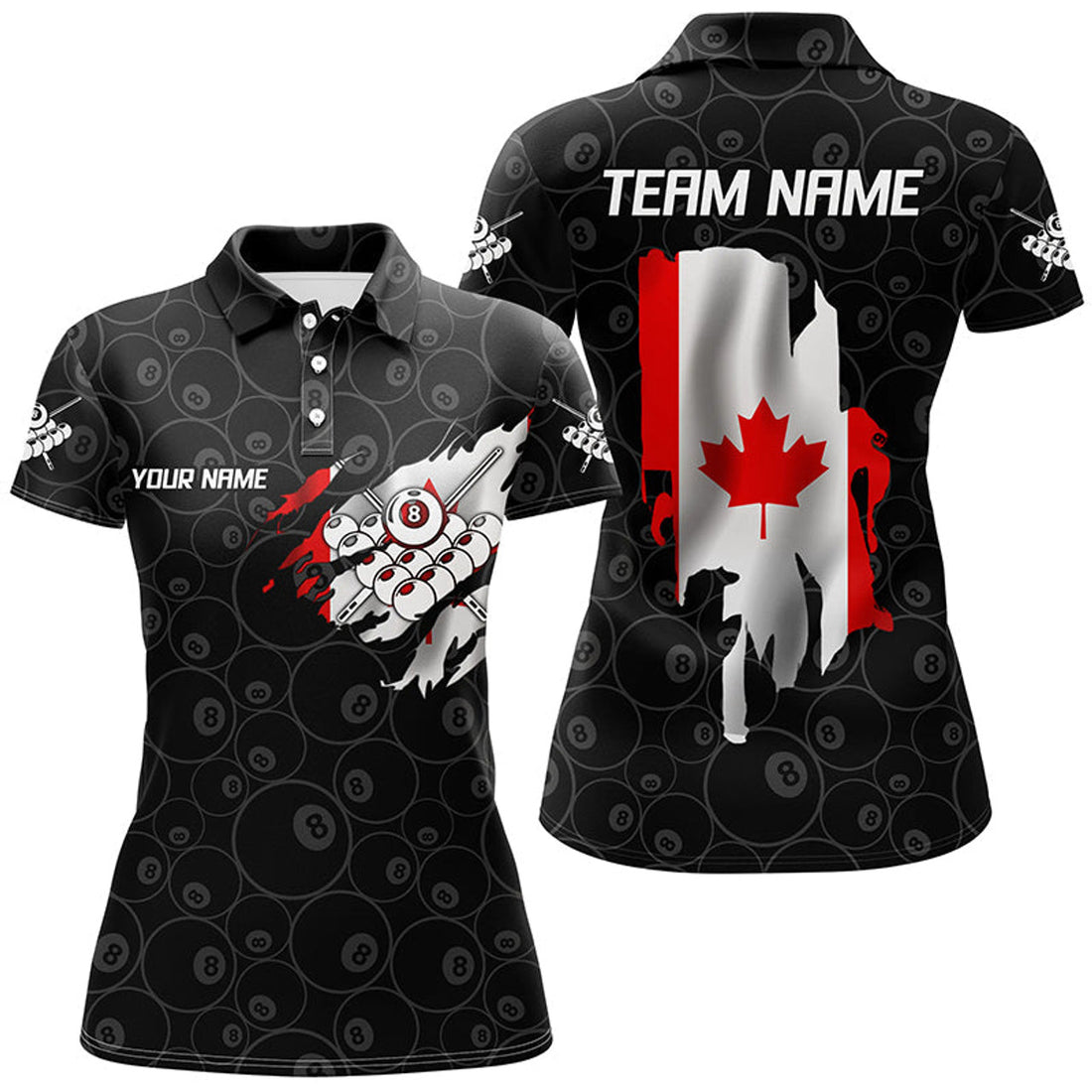 Custom Canadian Flag 8 Ball Billiards Team for Women's Polo Shirts S-5XL