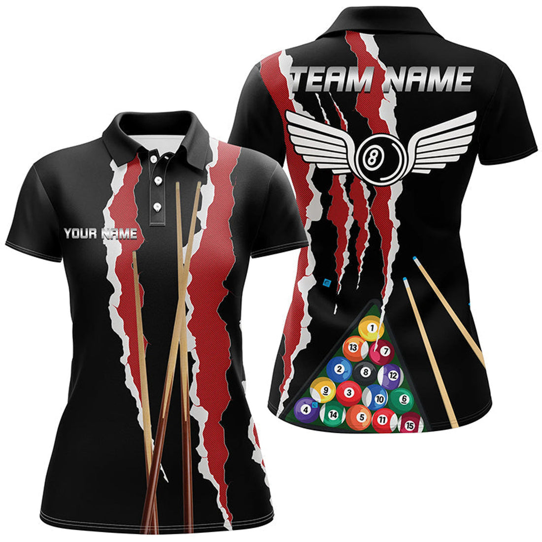 Custom Personalized Red Black Sticks Billiard 8 Ball for Women's Polo Shirts S-5XL