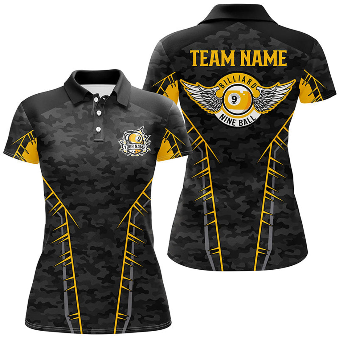 Custom Camo Yellow 9 Ball Pool Team Billiards Shirts Women's Polo Shirts S-5XL