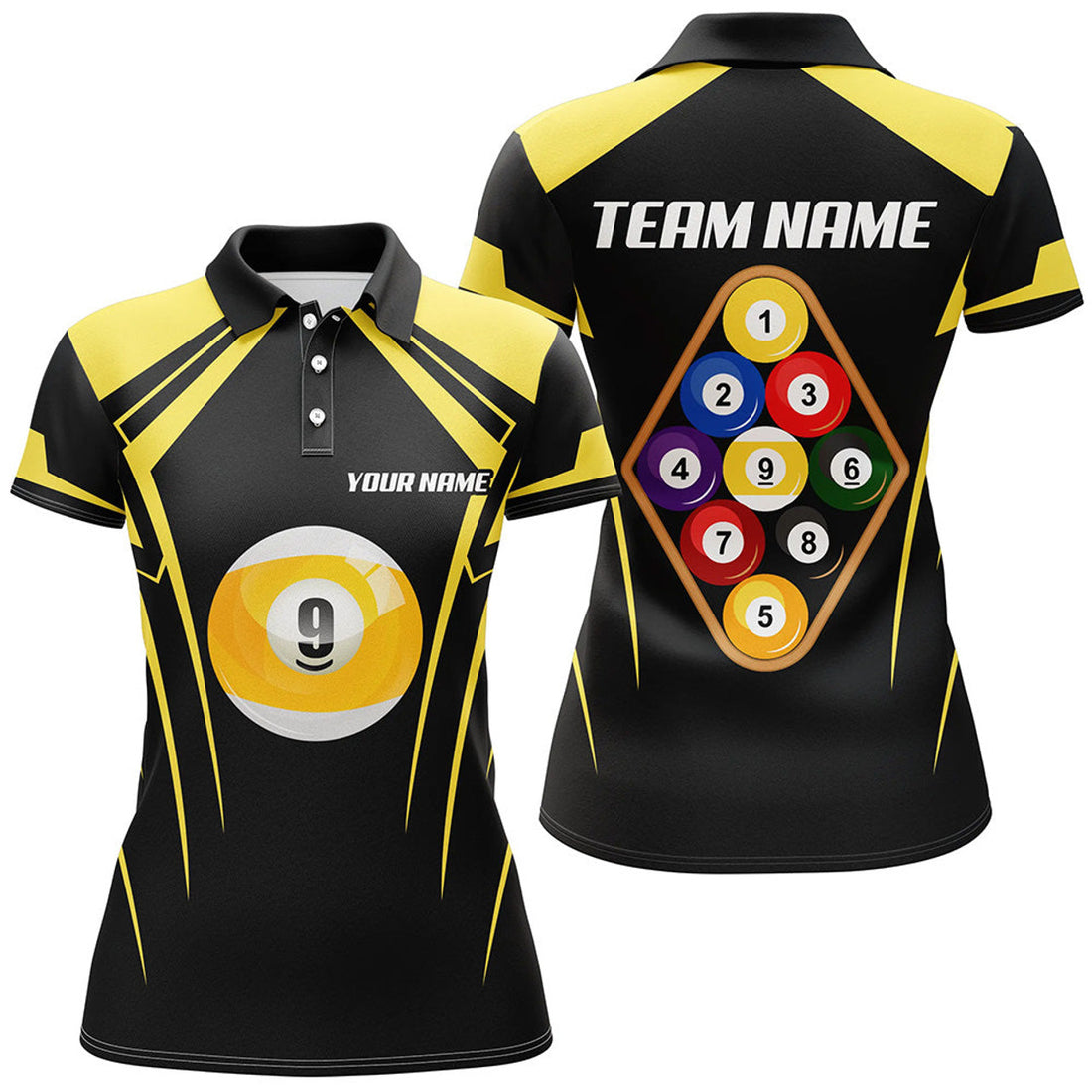 Custom Black Yellow 9 Ball Pool Team 3D Billiards Polo Women's Polo Shirts S-5XL