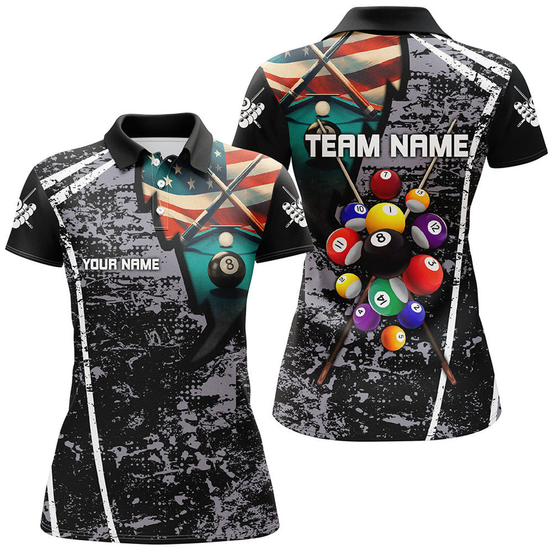 Custom Name Grey Grunge US Flag 8 Ball Billiard Design Women's Polo Shirts S-5XL