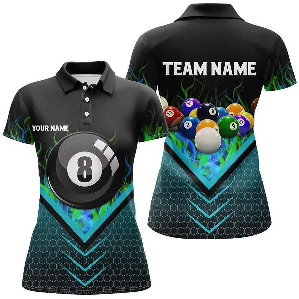 Custom Name Fire Blue 8 Ball Billiard Hive Design Pool Team Women's Polo Shirts S-5XL