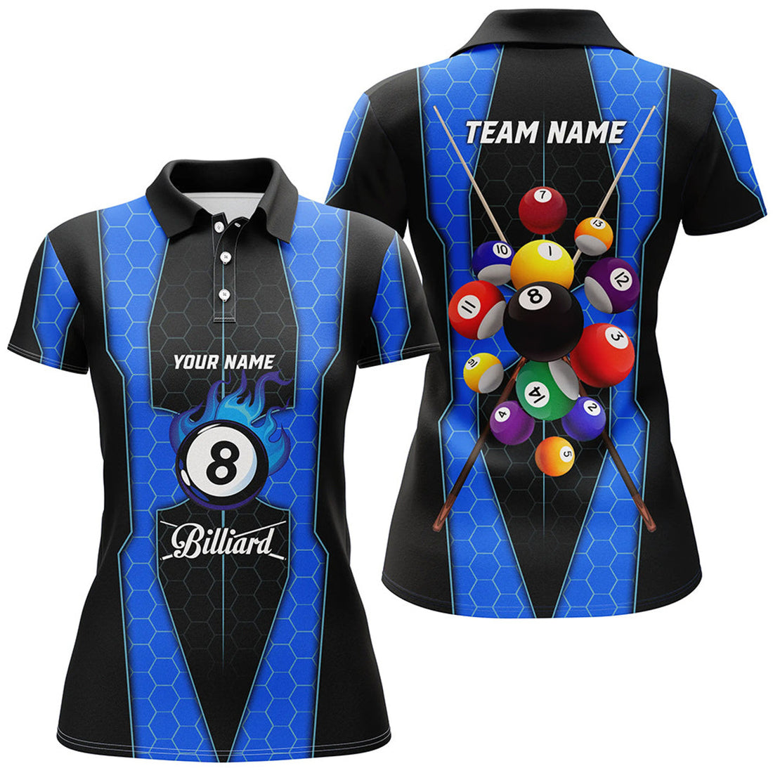 Custom Personalized Blue Fire 8 Ball Billiard 3D For Women's Polo Shirts S-5XL