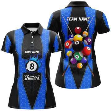 Custom Personalized Blue Fire 8 Ball Billiard 3D For Women's Polo Shirts S-5XL