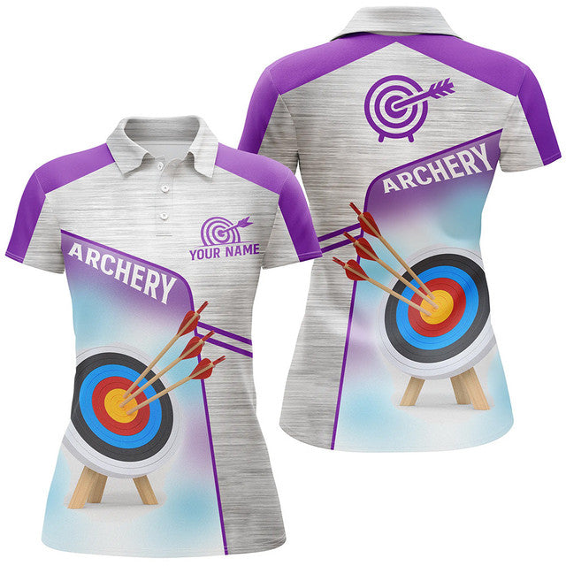 Custom 3D Target Archery Name Purple Grey Design Women's Polo Shirts S-5XL