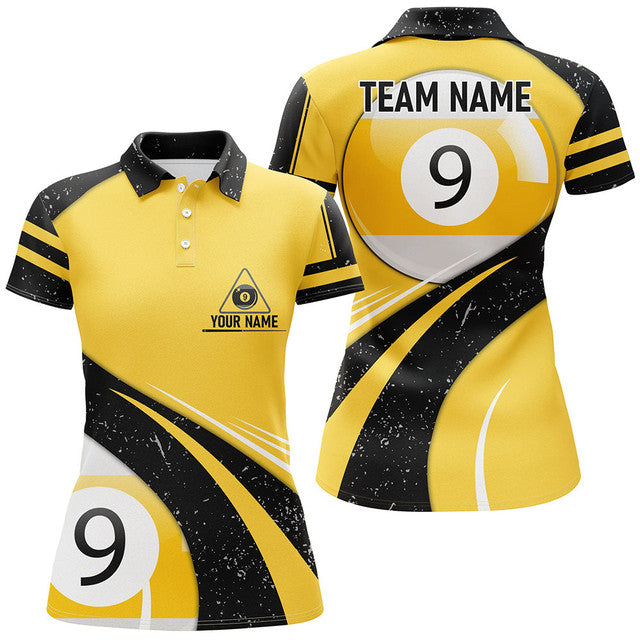 Custom 9 Ball Billiard Yellow Black Grunge Pool Design Women's Polo Shirts S-5XL