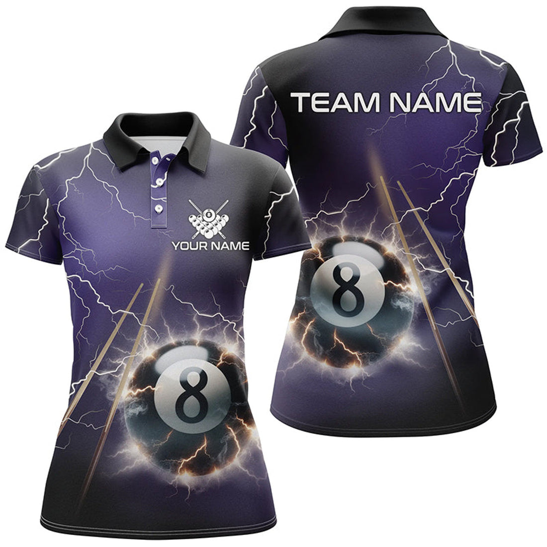 Custom Thunder Lightning Purple 8 Ball Billiard 3D Pool Women's Polo Shirts S-5XL