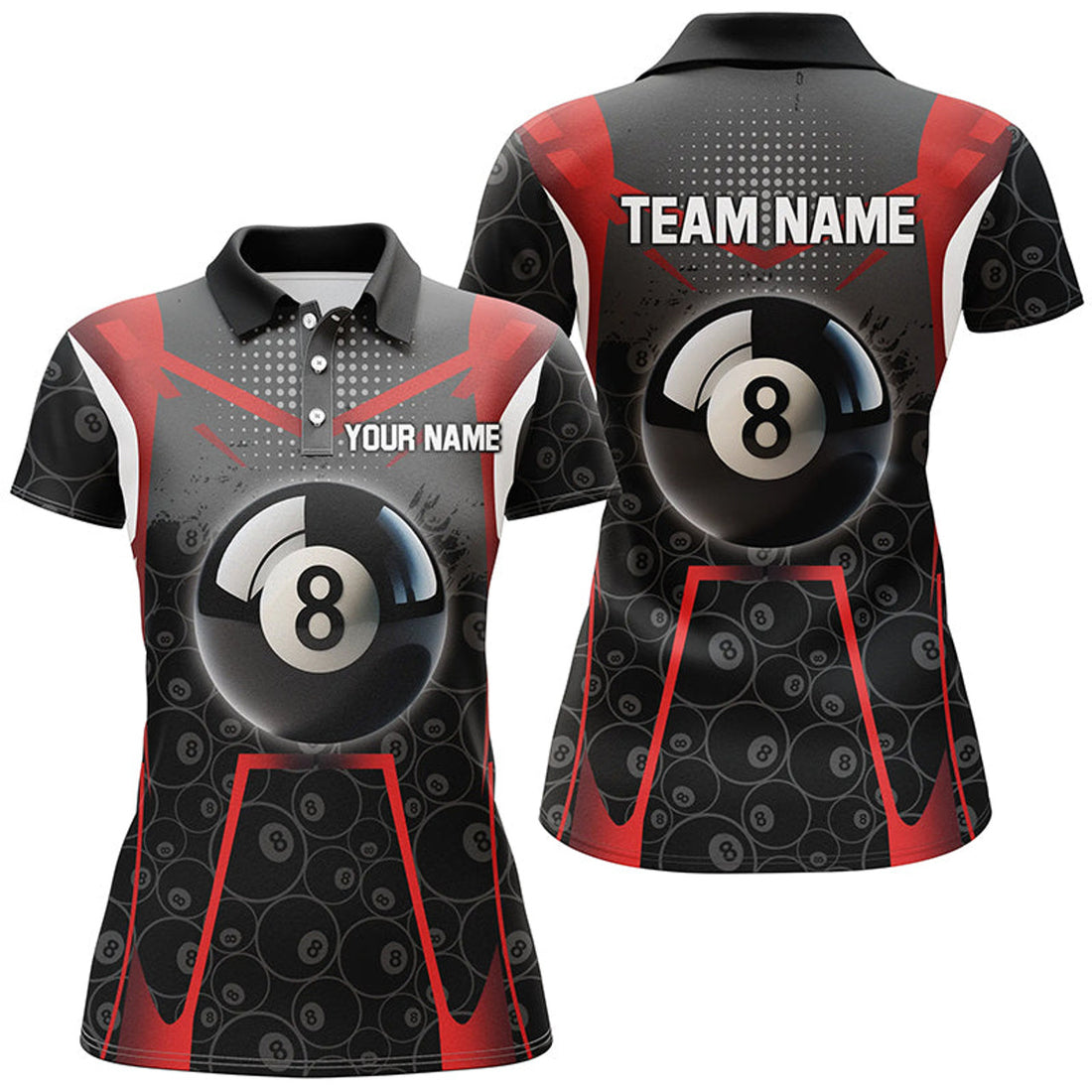 Custom Personalized Red Black 8 Ball Billiard 3D for Women's Polo Shirts S-5XL