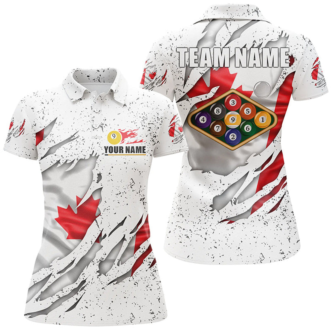 Custom Name Canadian Flag Billiards 9 Ball Grunge Style Women's Polo Shirts S-5XL