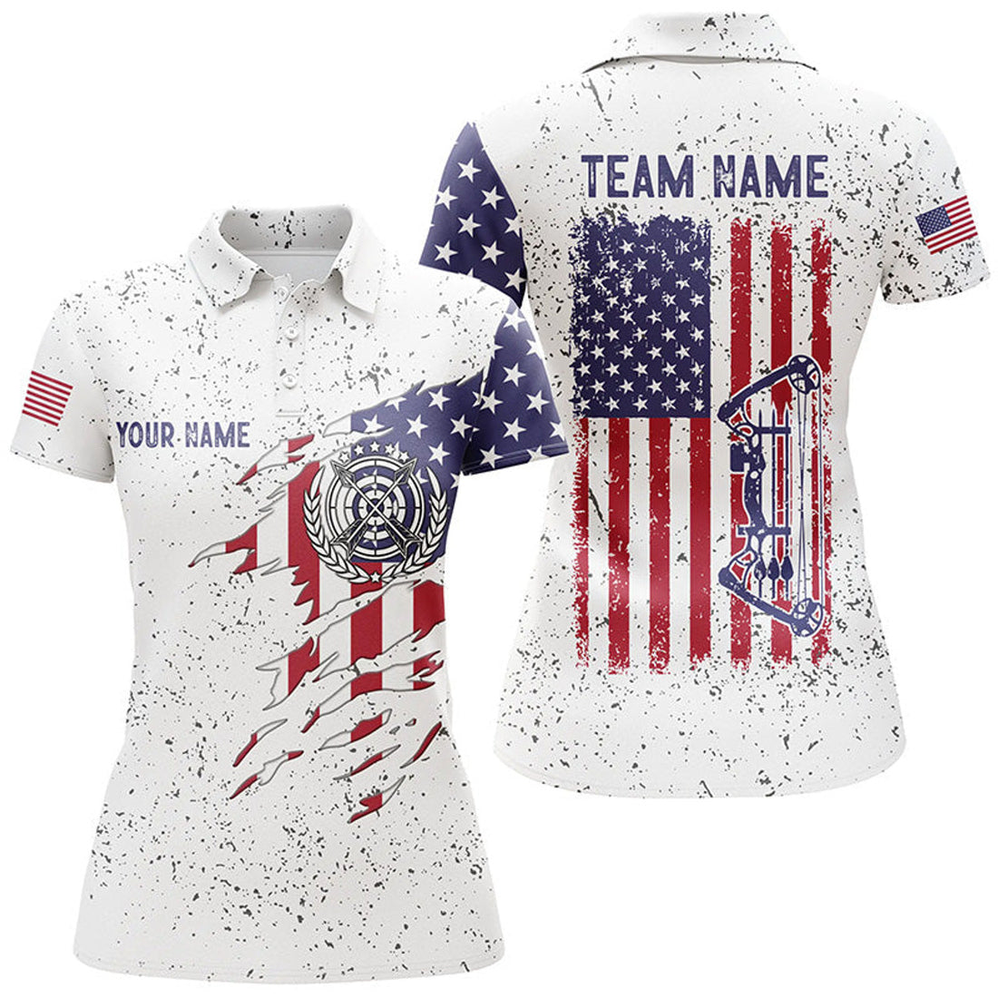Custom White Grunge US Flag Archery with Bow Design Women's Polo Shirts S-5XL
