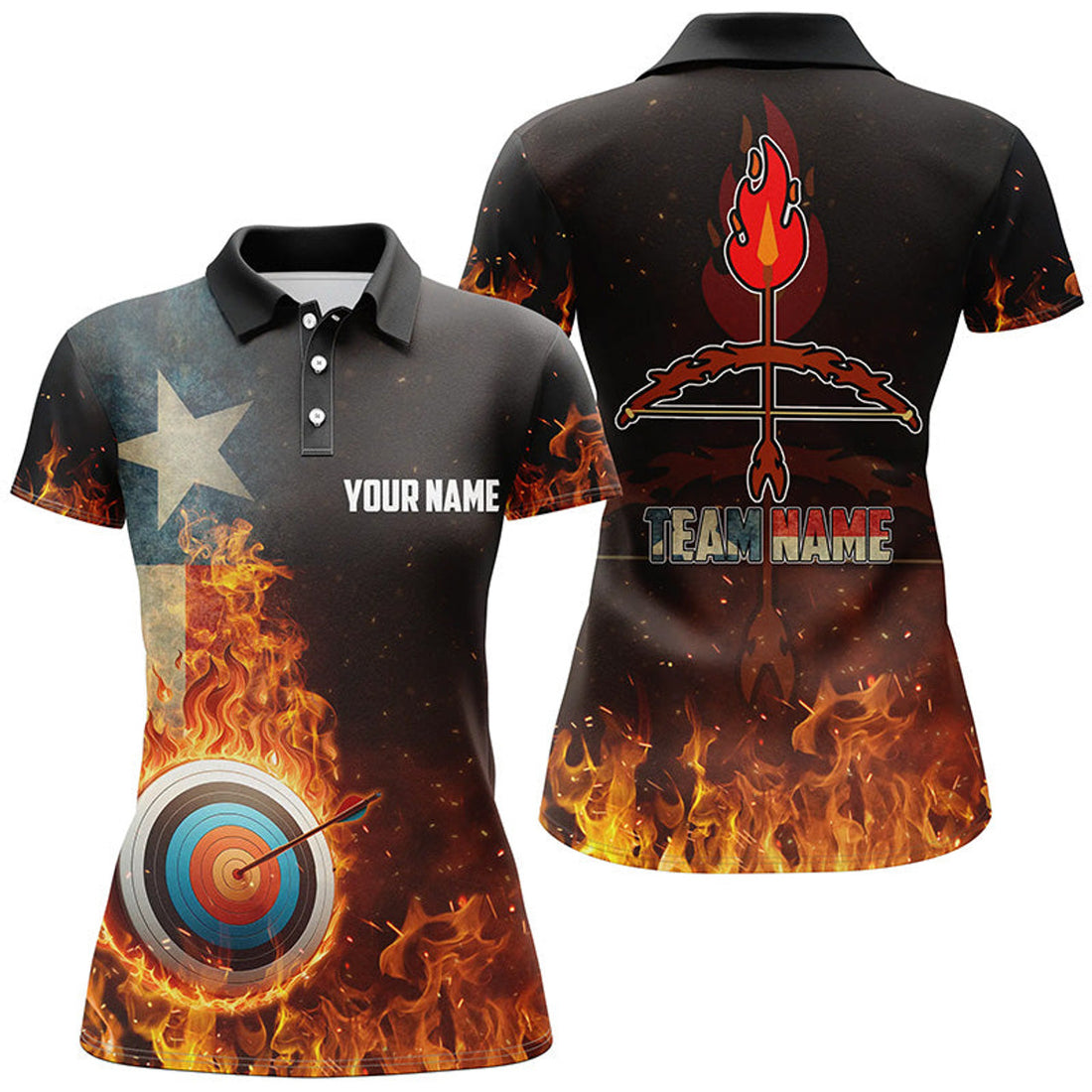 Custom Name Texas Flag Flaming Fire Arrow Archery 3D Polo Women's Polo Shirts S-5XL