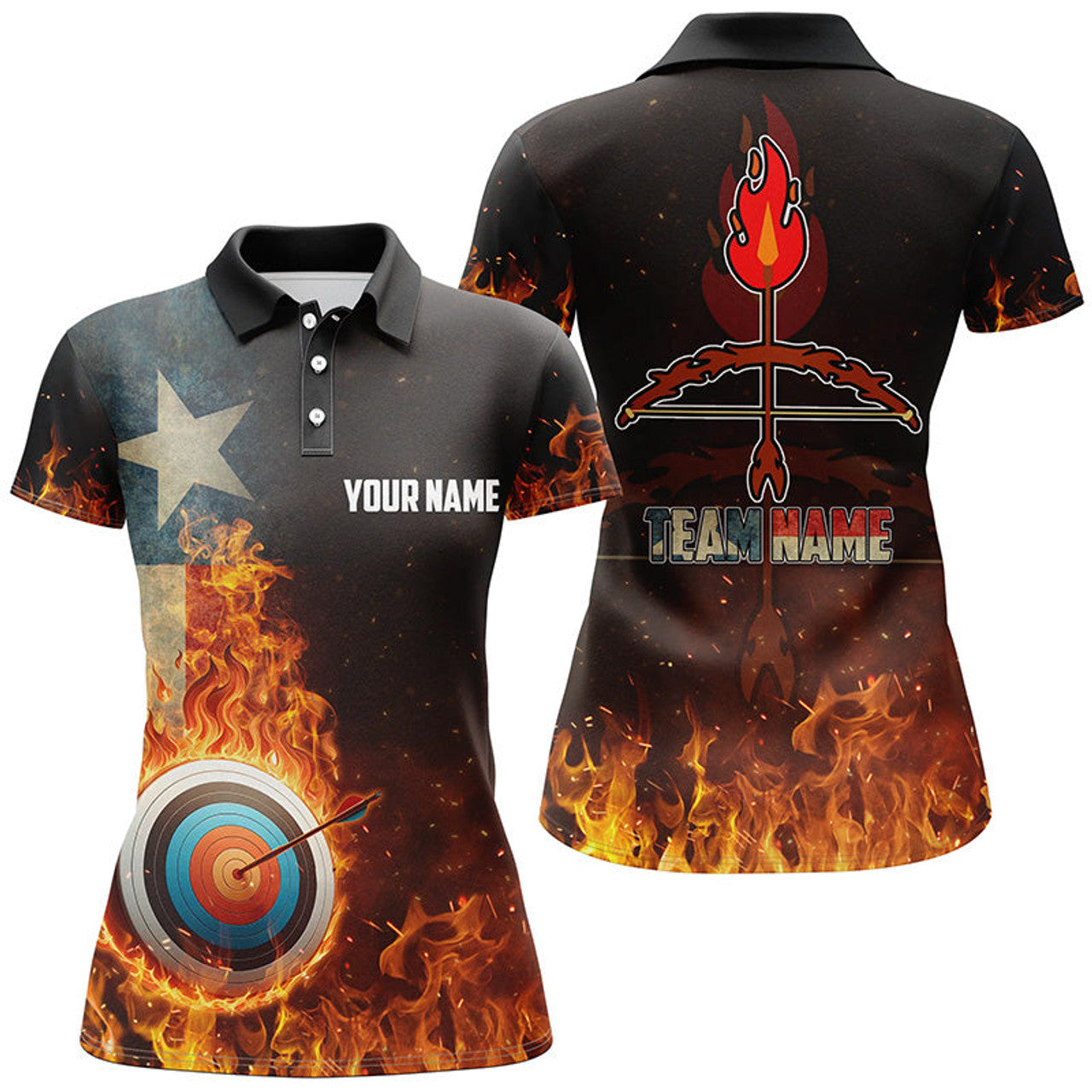 Custom Name Texas Flag Flaming Fire Arrow Archery 3D Polo Women's Polo Shirts S-5XL