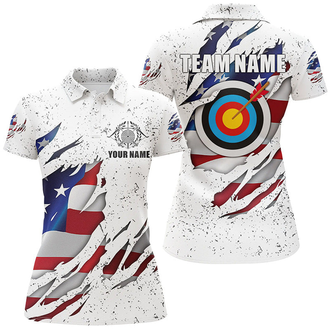 Custom White Grunge US Flag Target Archery 3D For Women's Polo Shirts S-5XL
