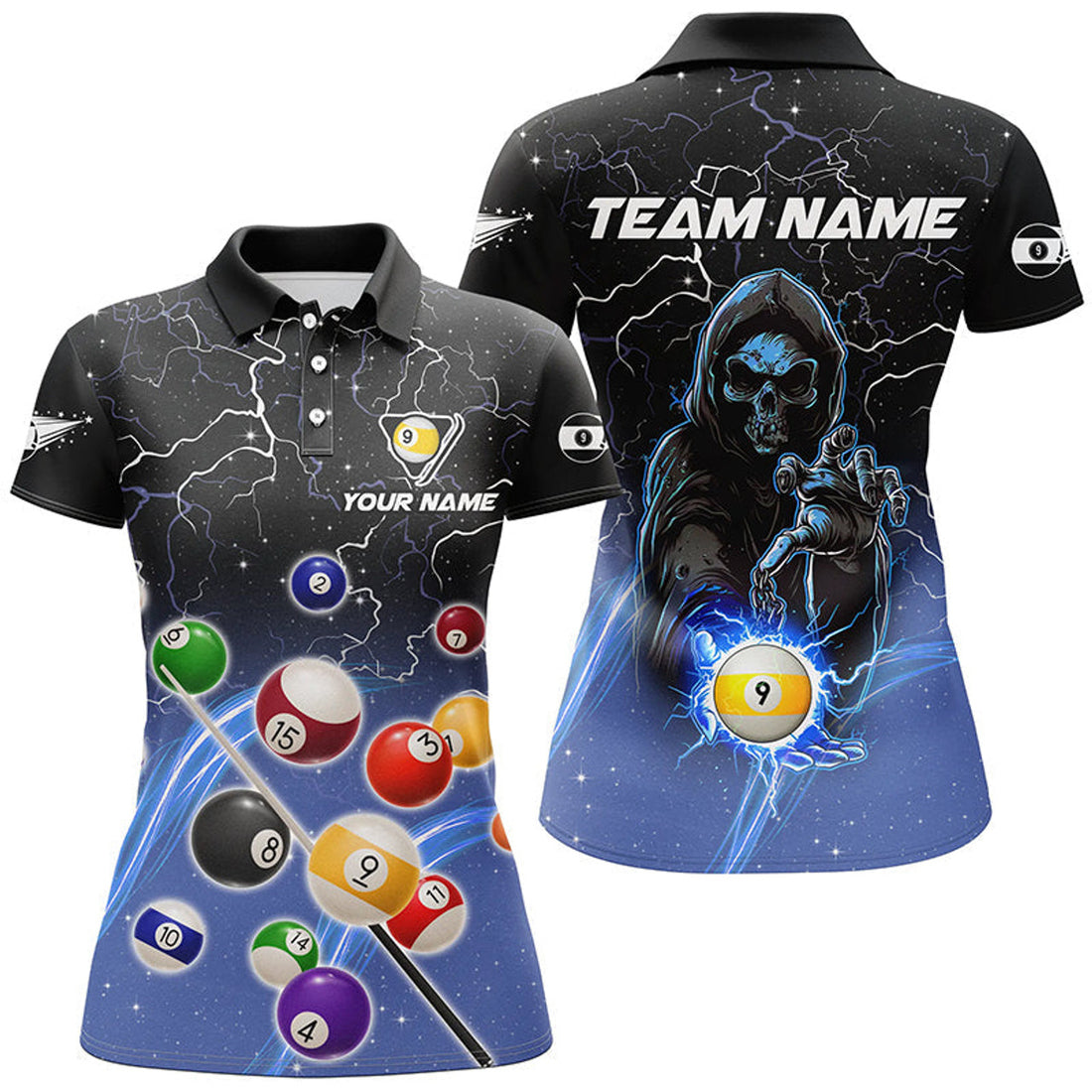 Custom Lighting Blue Billiard Balls Skull 9 Ball Women's Polo Shirts S-5XL