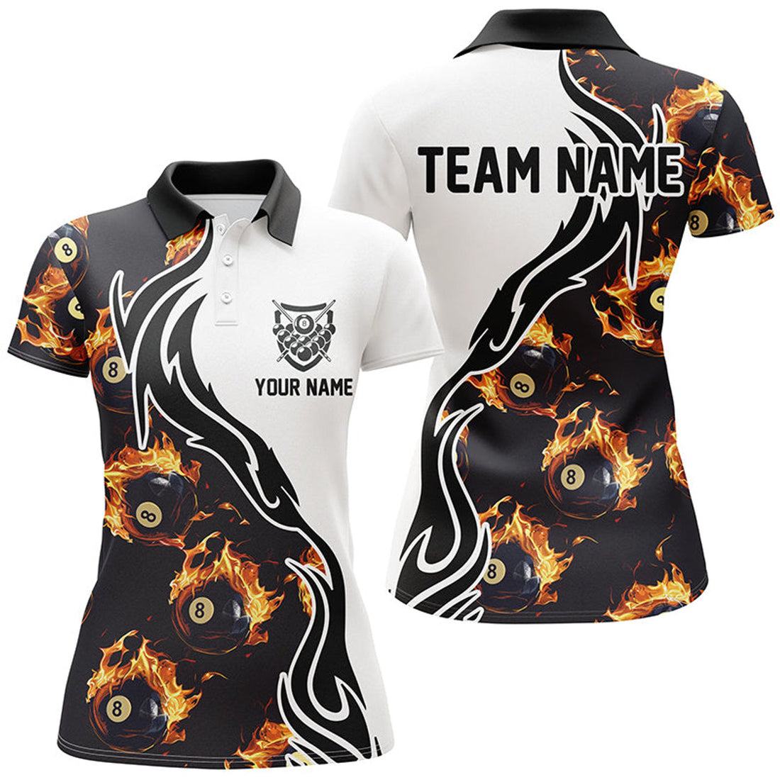 Custom Personalized Flame 8 Ball Pool for Billiard Team Women's Polo Shirts S-5XL