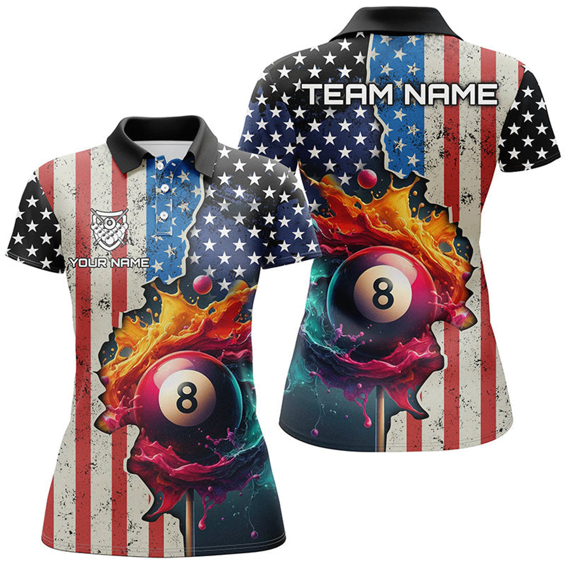 Custom US Flag 8 Ball Billiard with Colorful Paint Splash Women's Polo Shirts S-5XL
