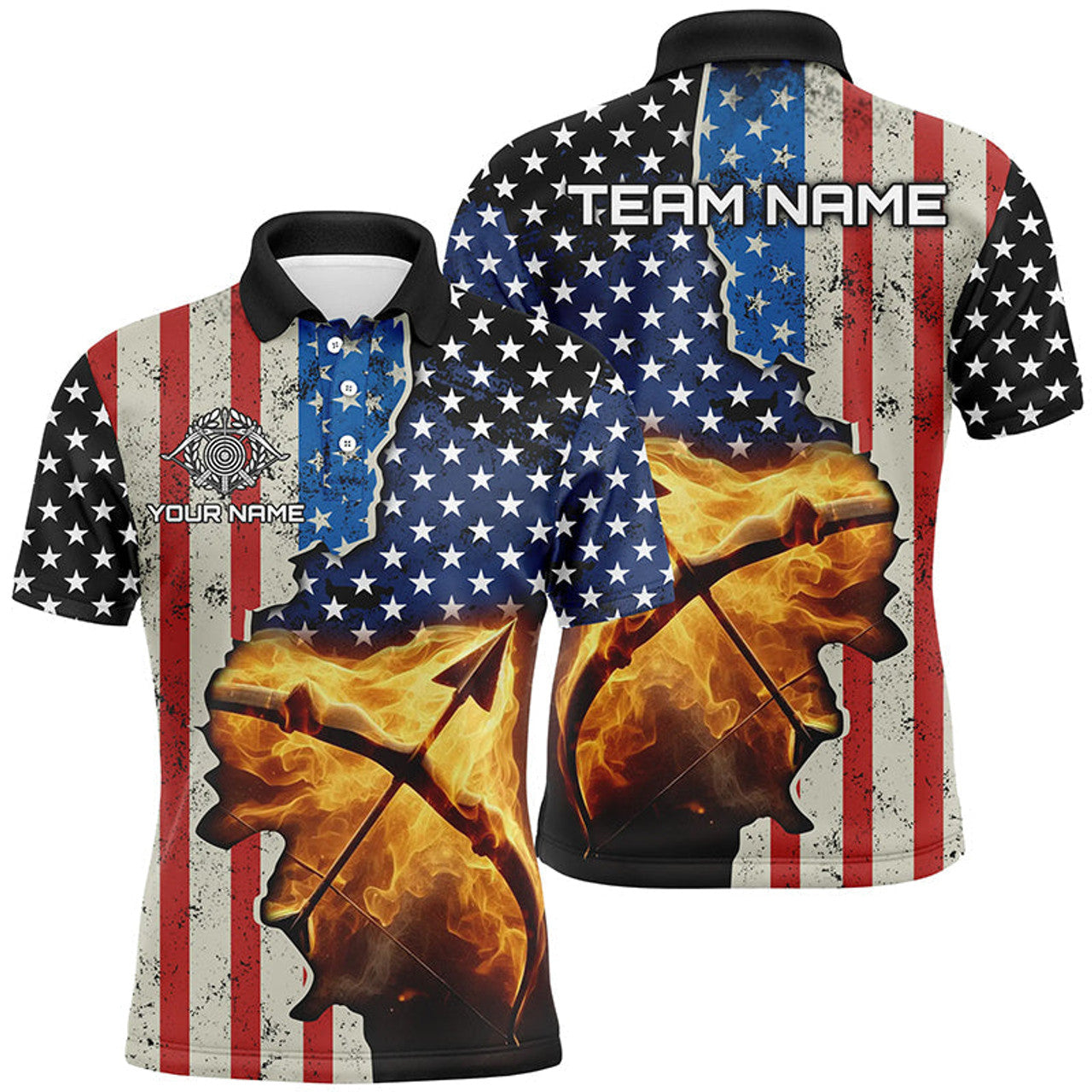 Personalized US Flag Archery Bow And Arrow Fire 3D Shirt Men's Polo Shirt S-5XL