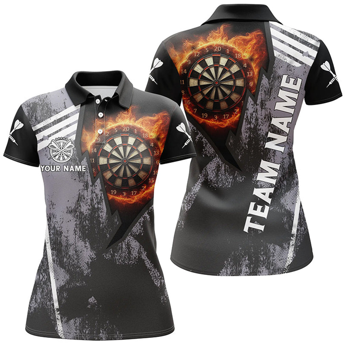 Custom Personalized Grunge Black Flame Dartboard For Women's Polo Shirts S-5XL
