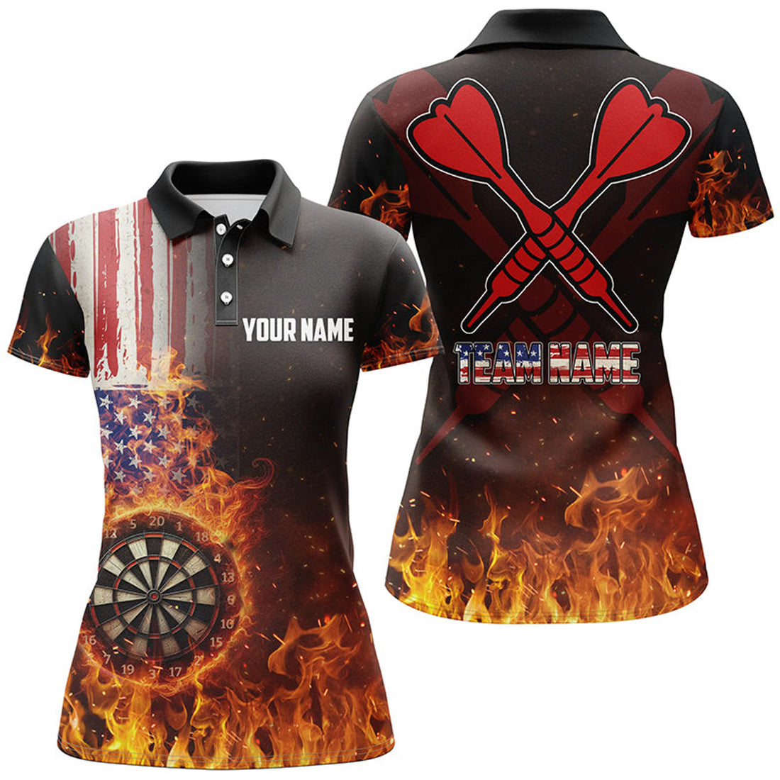 Custom Personalized US Flag Fire Dartboard 3D for Women's Polo Shirts S-5XL