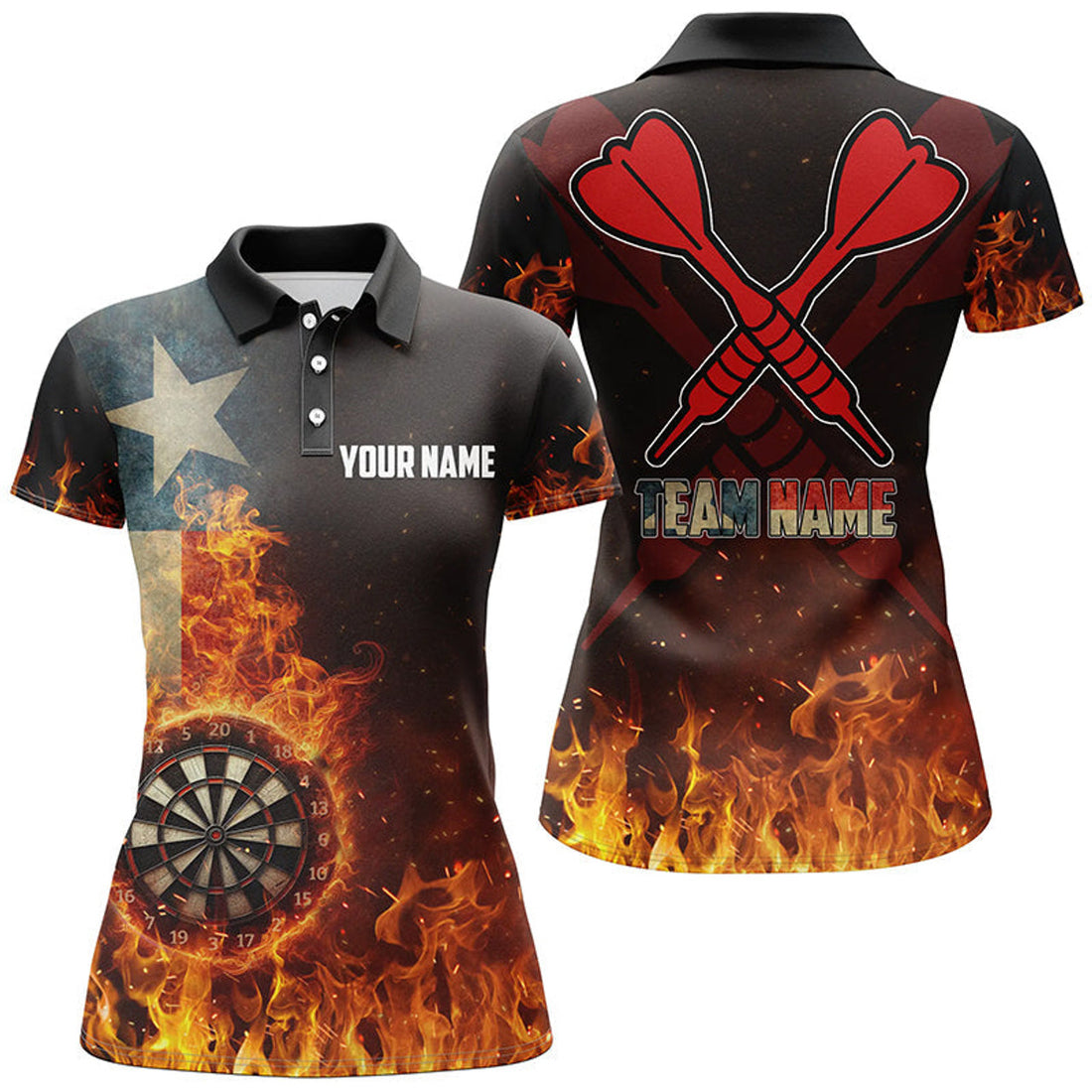 Custom Personalized Texas Flag Fire Dartboard for omen Women's Polo Shirts S-5XL