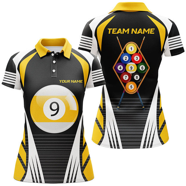 Custom 3D Yellow White 9 Ball Billiard Team Personalized Women's Polo Shirts S-5XL