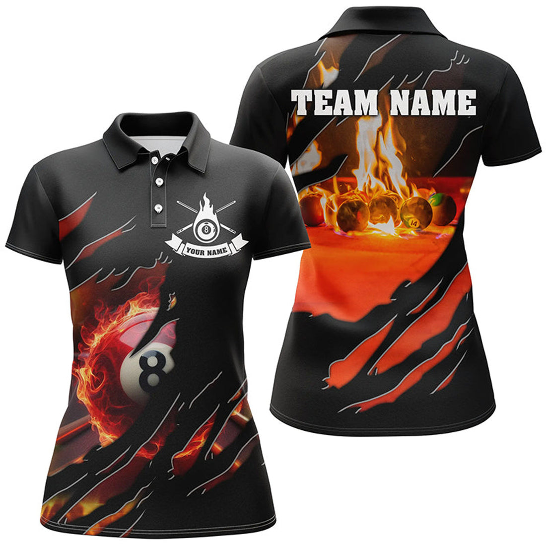 Custom Fire 8 Ball Pool for 3D Flame Billiard Balls Women's Polo Shirts S-5XL