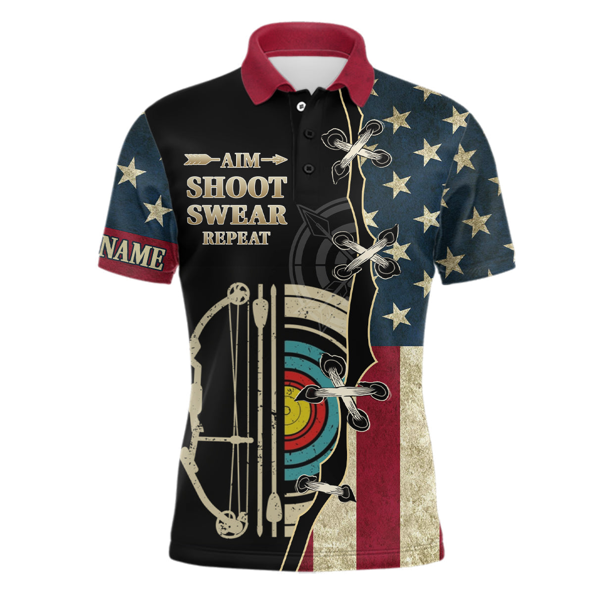Personalized Aim Shoot US Flag Archery Retro Men's Polo Shirt S-5XL